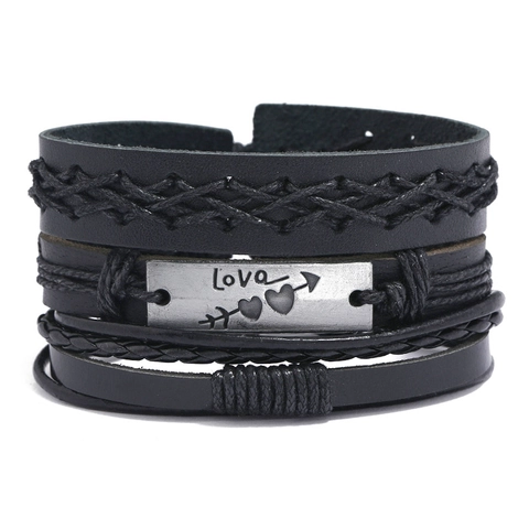Retro Punk Mehrschicht Rindsleder Geflochtenes Armband Set Für Herren Damen Liebe Herz Pfeil Metallplatte Verstellbarer Schmuck