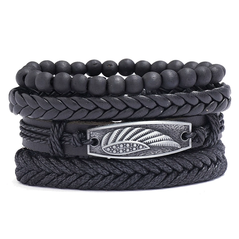 Vintage Handmade Woven Genuine Leather Multi Layer Bracelet For Men Women Punk Feather Wing Charm Bead Wristband Jewelry