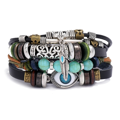 Vintage Ethnic Multilayer Leather Bracelet For Men Women Adjustable Evil Eye Feather Bead Punk Bracelet Jewelry Gift