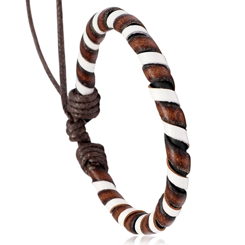 Bracciale in Pelle di Vacchetta Intrecciato a Mano per Donna Uomo Cordino in Cera Regolabile Etnico Vintage Boho Spirale