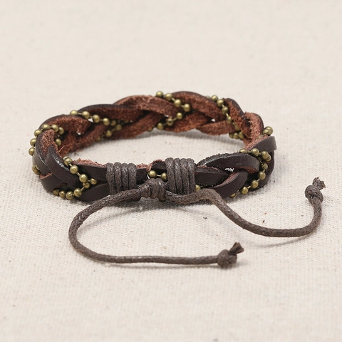 Bracciale da Uomo in Pelle di Vacchetta Intrecciata Vintage Punk Perline di Metallo Bronzo Cordino Regolabile Gioielli Etnici