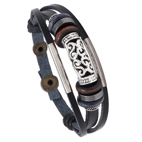 Bracelet en Cuir Tressé Multi-rangs pour Hommes Style Punk Rétro Tube Gravé en Alliage Perles de Bois Bijoux