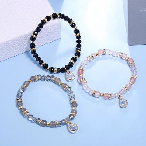 Fashion Beaded Crystal Bracelet For Women Elegant Elastic Hand Chain With Waterdrop Pendant Minimalist Jewelry Gift
