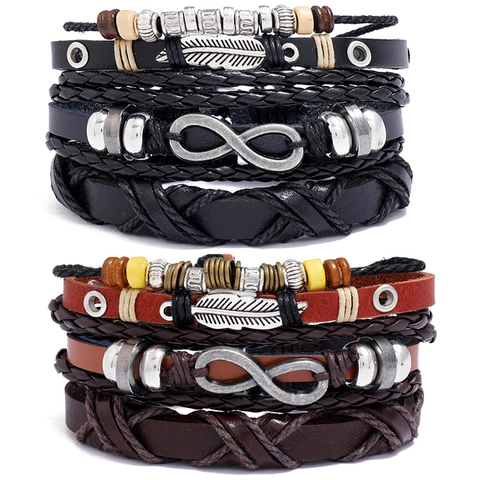 Bracciale in Pelle di Vacchetta Intrecciata Vintage Multistrato Gioielli Bohemian Punk Con Ciondolo Piuma Infinito Uomo Donna