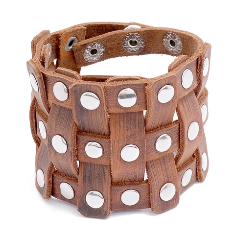 Vintage Punk Heren Geweven Runderleer Armband Met Zilveren Metalen Klinknagels Breed Verstelbaar Rock Stijl Sieraden