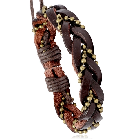 Bracciale da Uomo in Pelle di Vacchetta Intrecciata Vintage Punk Perline di Metallo Bronzo Cordino Regolabile Gioielli Etnici