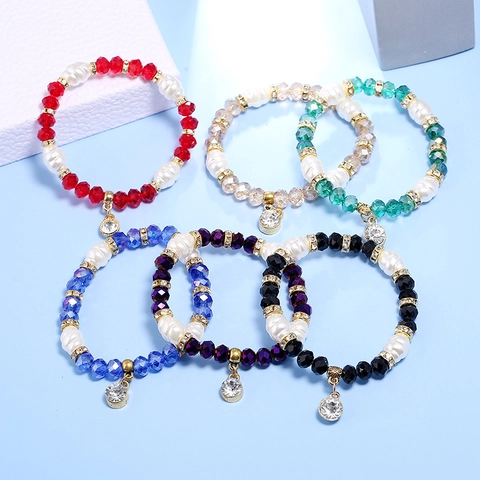 Elegante Pulsera de Cuentas de Cristal para Mujer Perla Artificial Colgante de Strass Joyería de Mano Elástica Regalo Versátil