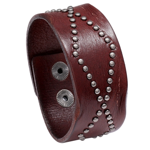 Retro Punk Wide Cowhide Leather Bracelet With Metal Rivets Adjustable Snap Button Vintage Cuff Bangle Unisex Jewelry Gift