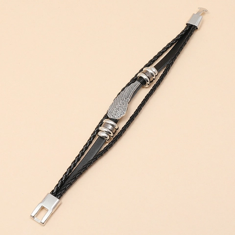 Punk-Stil Geflochtenes Lederarmband Für Herren Damen Vintage Feder Flügel Anhänger Legierung Mehrlagiges Armband Schmuck