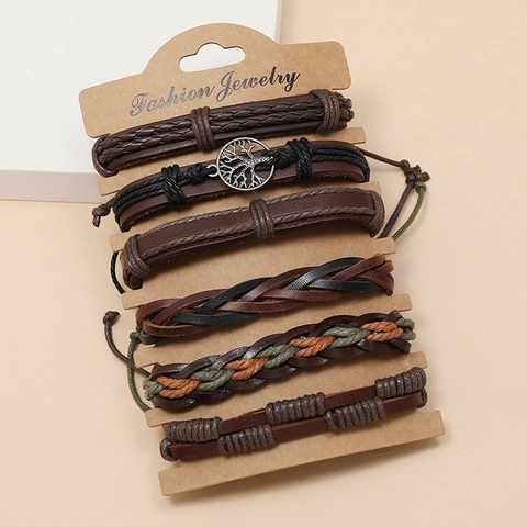 Vintage Handmade Braided Leather Bracelet For Men Tree Of Life Bohemian Stackable Alloy Charm Wristband Casual Jewelry