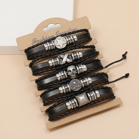 Heren Punk Schedel Lederen Armband Multi Layer Gevlochten Koord Legering Kruis Ster Verstelbaar Rock Hip Hop Sieraden