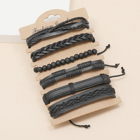 Vintage Punk Rundleer Gevlochten Armband Set Voor Mannen Verstellbare Wax Touw Hennep Koord Meerlaagse Sieraden