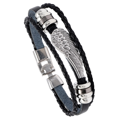 Punk-Stil Geflochtenes Lederarmband Für Herren Damen Vintage Feder Flügel Anhänger Legierung Mehrlagiges Armband Schmuck