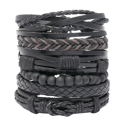 Bracciale da Uomo in Pelle Bovina Intrecciata a Mano Vintage Bracciali Avvolgenti Multistrato Regolabili con Perle di Legno