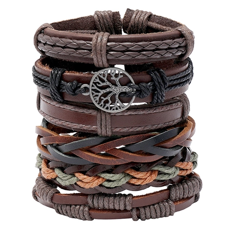 Vintage Handmade Braided Leather Bracelet For Men Tree Of Life Bohemian Stackable Alloy Charm Wristband Casual Jewelry
