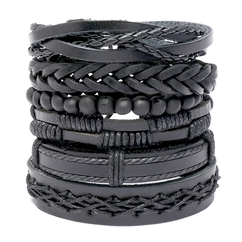 Vintage Punk Rundleer Gevlochten Armband Set Voor Mannen Verstellbare Wax Touw Hennep Koord Meerlaagse Sieraden