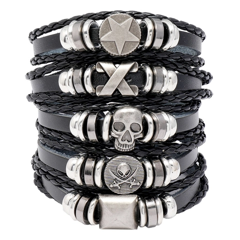 Heren Punk Schedel Lederen Armband Multi Layer Gevlochten Koord Legering Kruis Ster Verstelbaar Rock Hip Hop Sieraden