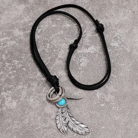Collar con Colgante de Pluma Bohemio Vintage Cuerda de Cuero de Vaca Cuenta de Turquesa Ala de Aleación Joyería Ajustable