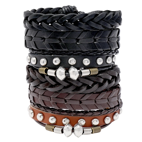 Vintage Woven Cowhide Leather Bracelet Set For Men Women Handmade Multi-Layer Adjustable Wrap Bracelet With Wood Beads Alloy Charms