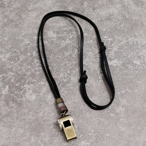 Retro Industrial Whistle Pendant Necklace Punk Style Cowhide Leather Rope Three-color Beads Sweater Chain For Men Women