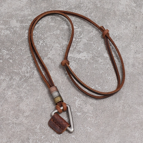 Vintage Heren Rundleer Hanger Ketting Verstelbaar Bruin Koord Legering Driehoek Bedel Hip Hop Mode Sieraden