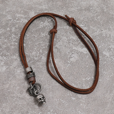 Collana con Pendente a Teschio Punk Vintage per Uomo in Lega Argento Antico Pelle di Vacchetta Corda Lunga Catena Maglione Gioielli Gotici Streetwear