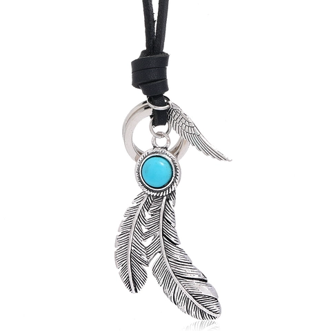 Collar con Colgante de Pluma Bohemio Vintage Cuerda de Cuero de Vaca Cuenta de Turquesa Ala de Aleación Joyería Ajustable