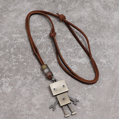 Collana con Ciondolo Robot Industriale Vintage Corda in Pelle di Vacchetta Stile Punk Distressed Lega Gioielli Uomo Donna