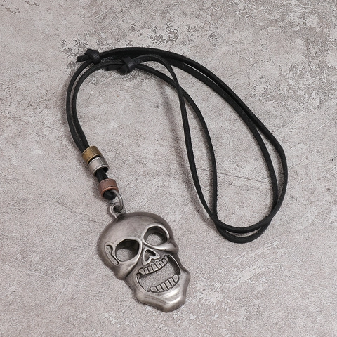 Vintage Skull Pendant Necklace Men Cowhide Leather Cord Antique Silver Alloy Charm Punk Gothic Halloween Jewelry Accessories