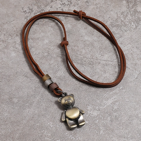 Collar con Colgante de Oso Vintage de Cuero de Vaca y Aleación Cordón Largo Bronce Antiguo Joyería de Moda Unisex