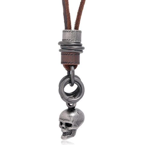 Collana con Pendente a Teschio Punk Vintage per Uomo in Lega Argento Antico Pelle di Vacchetta Corda Lunga Catena Maglione Gioielli Gotici Streetwear