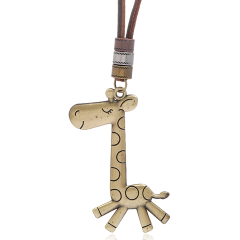 Collana con Ciondolo a Forma di Giraffa in Lega e Pelle di Vacca Vintage Retro Hip Hop Streetwear Gioielli a Catena Lunga per Uomo Donna