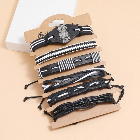 Bracciale da Uomo Vintage Multistrato Intrecciato in Pelle Artificiale Punk Gufo Teschio Motocicletta Pendente Metallo