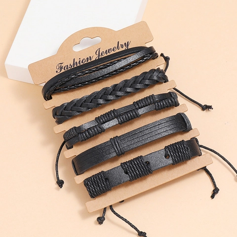 Vintage Punk Black Braided Leather Bracelets For Men Handmade Multilayer Wrap Wristband Fashion Jewelry Clothing Accessories