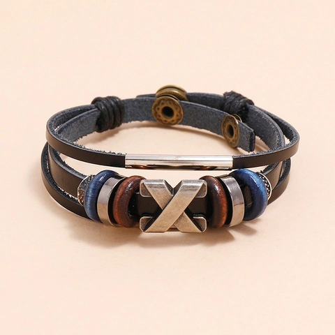 Bracciale Intrecciato in Pelle Multistrato Vintage Punk per Uomo Donna Lega X Metallo Perline di Legno Regolabile Gioielli