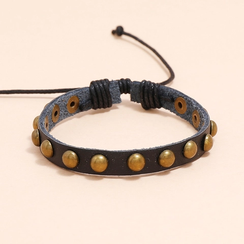 Bracciale in Pelle di Vacchetta Punk Vintage con Rivetti Corda di Canapa Regolabile Bracciale con Borchie Bronzo Gioielli