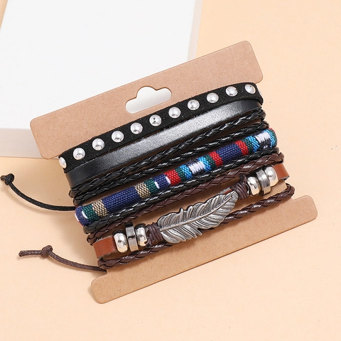 Vintage Bohemian Punk Multilayer Leather Bracelet Set For Men Adjustable Ethnic Feather Alloy Stud Beaded Wrap Hand Strap