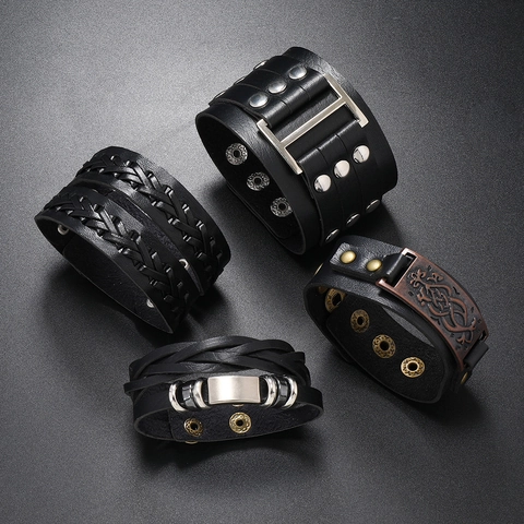 Set di Braccialetti in Pelle da Uomo Punk Rock Intrecciato Multistrato Cinturino in Lega con Borchie Gioielli di Moda Retro Regalo