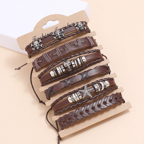 Bracciale in Pelle Intrecciata Vintage Punk Multistrato Con Ciondolo a Teschio Stella Lega Argento Antico Regolabile Gioielli