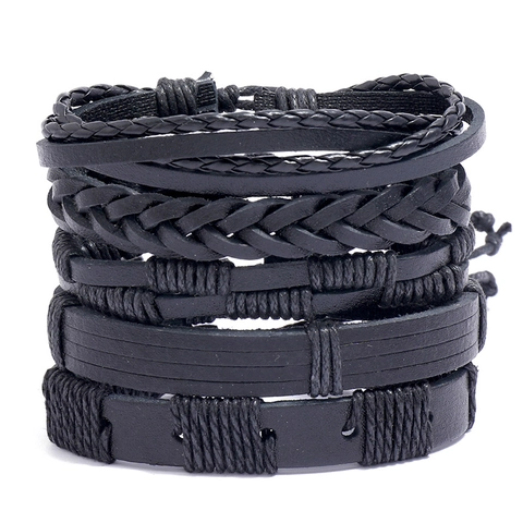 Vintage Punk Black Braided Leather Bracelets For Men Handmade Multilayer Wrap Wristband Fashion Jewelry Clothing Accessories