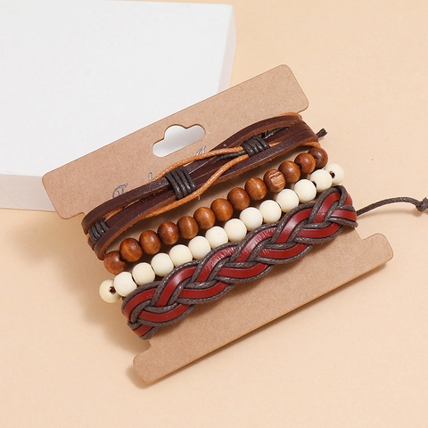 Set di 4 Braccialetti in Pelle Intrecciata Vintage da Uomo Perline di Legno Etniche Cordino Cerato Bracciale Avvolgente Fatto a Mano