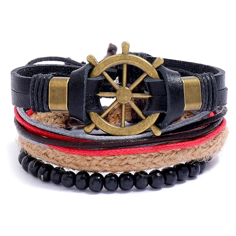 Pulsera Vintage Multicapa de Cuero Sintético Trenzado para Hombre Mujer Colgante de Timón Bohemio Cordón Ajustable Joyería