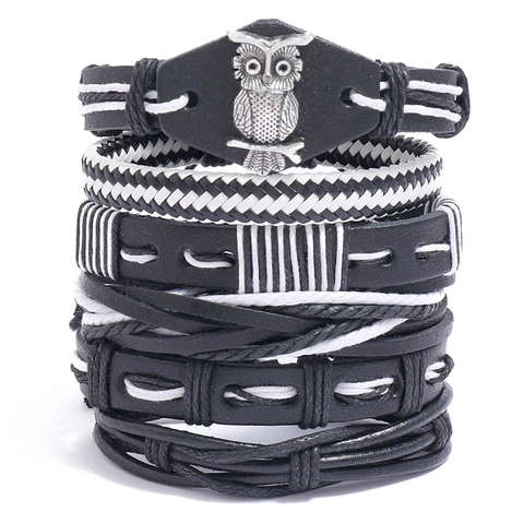 Bracciale da Uomo Vintage Multistrato Intrecciato in Pelle Artificiale Punk Gufo Teschio Motocicletta Pendente Metallo