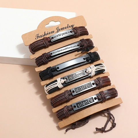 Vintage Gewebt Rindsleder Armbänder Für Herren Damen Legierung Inspirierende Buchstaben Verstellbar Punk Ethnisch Schmuck