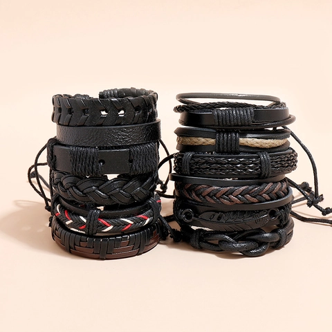 Vintage Punk Leather Braided Bracelets Set For Men Women Handmade Cowhide PU Alloy Bead Woven Cord Wrap Bracelet Jewelry