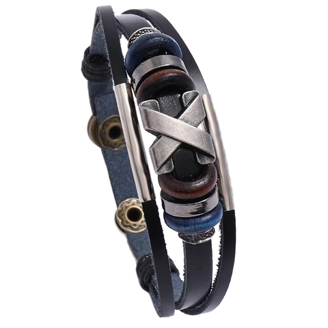 Vintage Punk Multi-Layer Leather Braided Bracelet For Men Women Alloy X Metal Wood Beads Adjustable Snap Button Jewelry