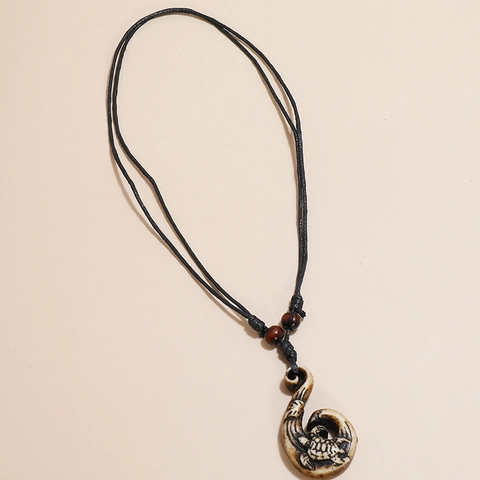 Vintage Resin Turtle Fish Hook Pendant Necklace With Adjustable Wax Cord And Wood Beads Tribal Polynesian Style Jewelry