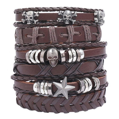 Bracciale in Pelle Intrecciata Vintage Punk Multistrato Con Ciondolo a Teschio Stella Lega Argento Antico Regolabile Gioielli