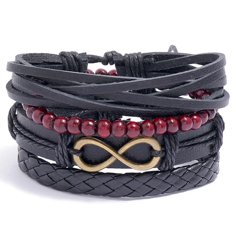 Vintage Punk Geflochtenes Leder Unendlichkeitssymbol Holzperlen Verstellbares Bohemian Armband Schmuck Geschenk