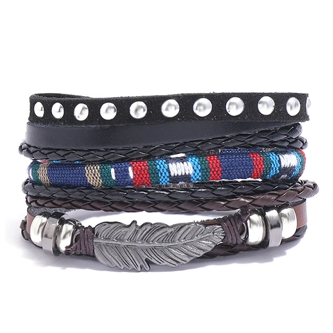 Vintage Bohemian Punk Multilayer Leather Bracelet Set For Men Adjustable Ethnic Feather Alloy Stud Beaded Wrap Hand Strap